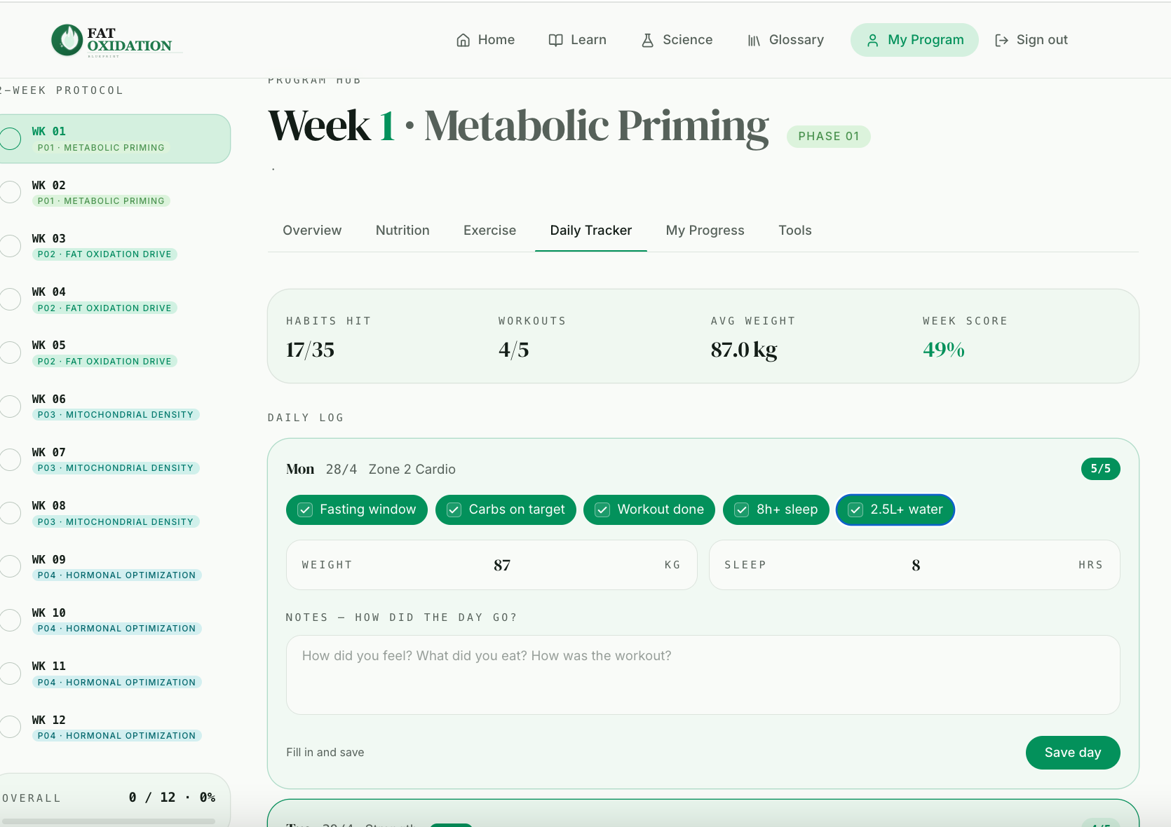 Daily Tracker preview showing habit pills, weight, sleep and notes for the day.
