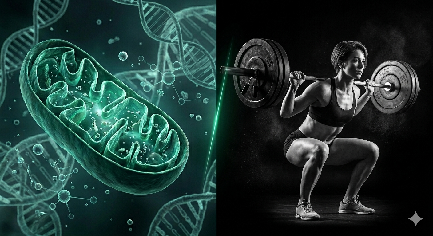 Mitochondrion and athlete performing a barbell squat — symbol of cellular metabolic reprogramming.